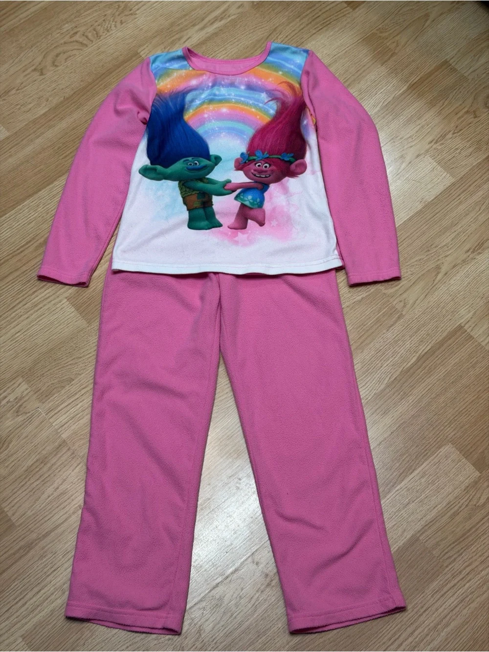 DreamWorks Trolls Girls 7/8 Pink Fleece Pajama Set Poppy Branch Rainbow 2pc